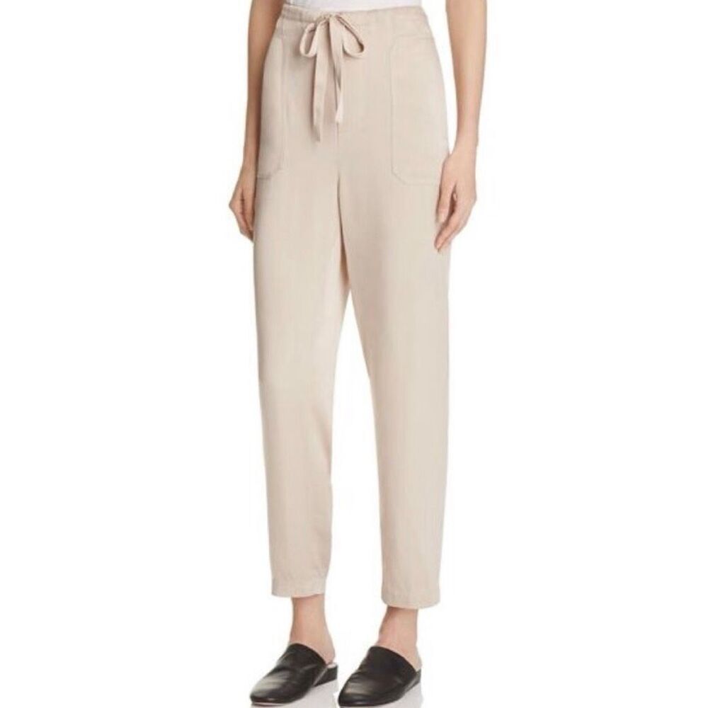 Vince, Cream Satin Drawstring Track Pants Exposed Squared Pockets, Women’s Small